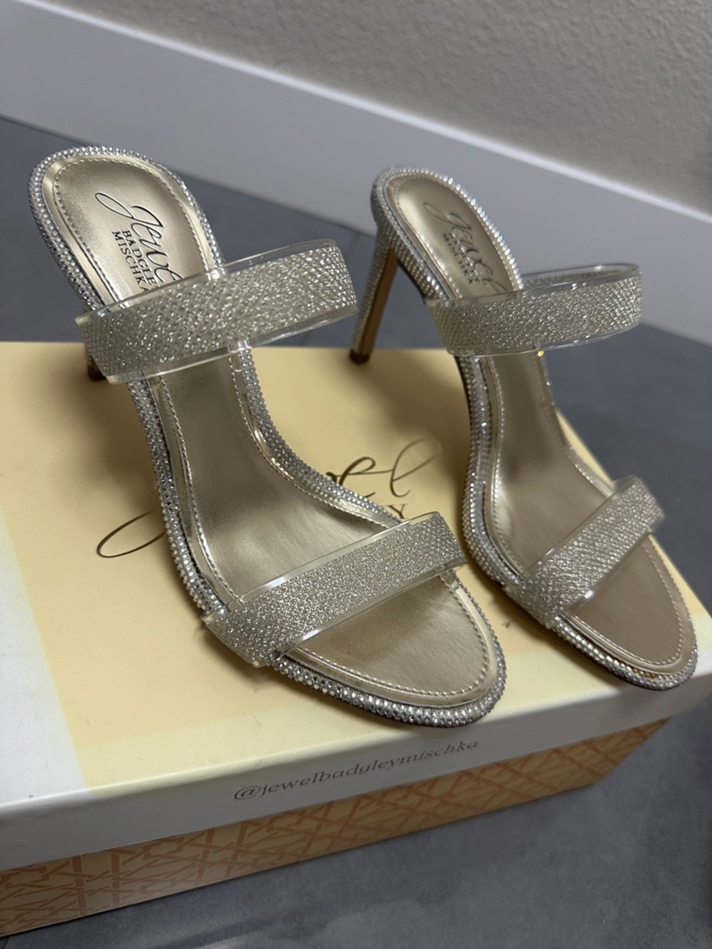 Jewel Badgley Mischka Champagne Crystal Two-Strap Stiletto Heels
